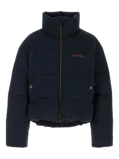 Dsquared2 High Collar Navy Puffer Jacket With Contrast Logo And Multicolor Heritage Lining In Blue