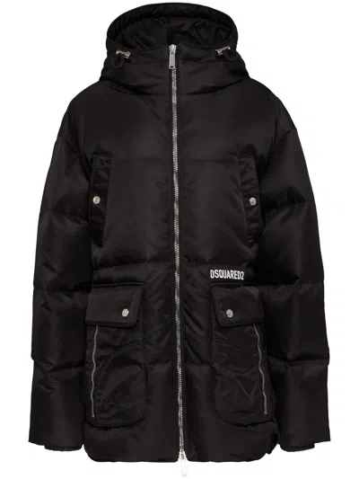 Dsquared2 Quilted Hooded Coat In Black