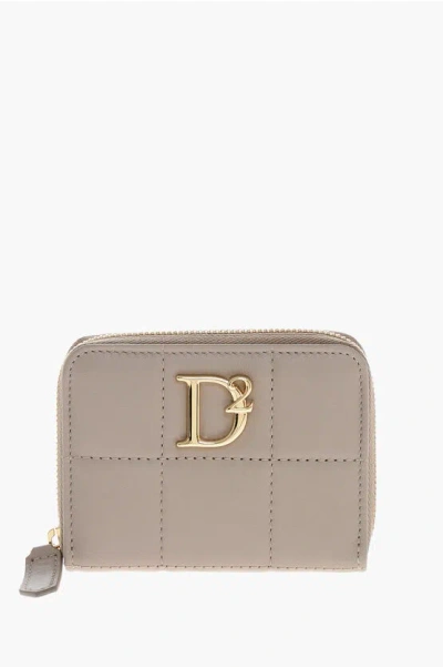 Dsquared2 Quilted Leather Wallet With Metal Logo In Neutral