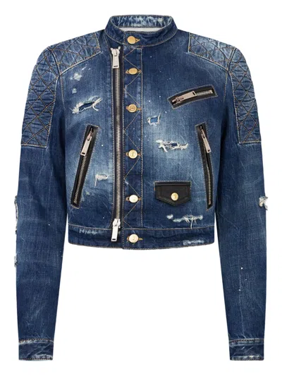 Dsquared2 Quilted Zipped Denim Jacket In Blue