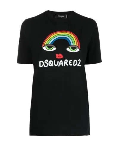 Dsquared2 Rainbow Logo Cotton T-shirt In Black