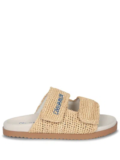 Dsquared2 Raphia Logo Nude Slides Sandals In Brown