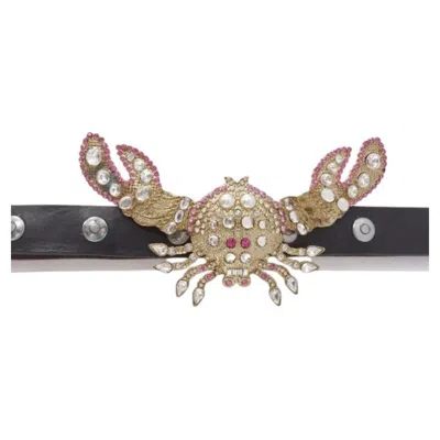 Pre-owned Dsquared2 Rare  2005 Gold Pink Crystal Crab Buckle Black Leather Belt