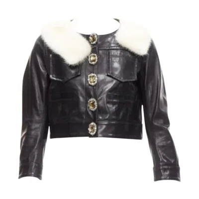 Pre-owned Dsquared2 Rare  Asymmetric Fur Collar Jewel Button Cropped Leather Jacket It40 S In Black