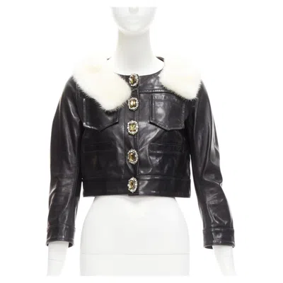 Pre-owned Dsquared2 Rare  Asymmetric Fur Collar Jewel Button Cropped Leather Jacket It40 S In Black