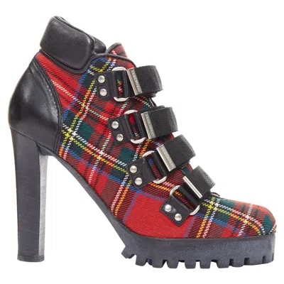 Dsquared2 Rare  Vintage Red Tartan Wool Punk Buckle Ankle Booties Eu36