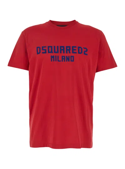 Dsquared2 Red Crewneck T-shirt With Logo Lettering On The Front In Cotton Man