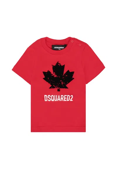 Dsquared2 Red T-shirt For Baby Boy With Velvet Maple Leaf