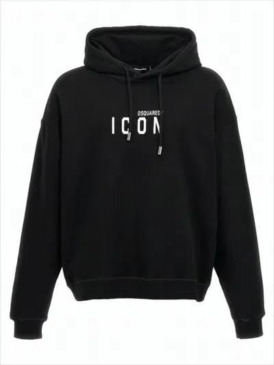 DSQUARED2 RELAXED FIT BLACK HOODIE WITH GRAPHIC TEXT AND KANGAROO POCKET