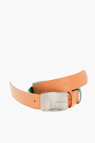 Dsquared2 Reversible Leather Belt With 40mm Silver Anchor Buckle In Orange