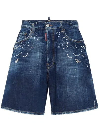 Dsquared2 Rhinestone-embellished Denim Shorts In Blue