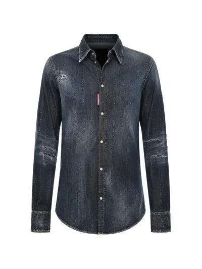 Dsquared2 Rhinestone-embellished Distressed-effect Shirt In Blue