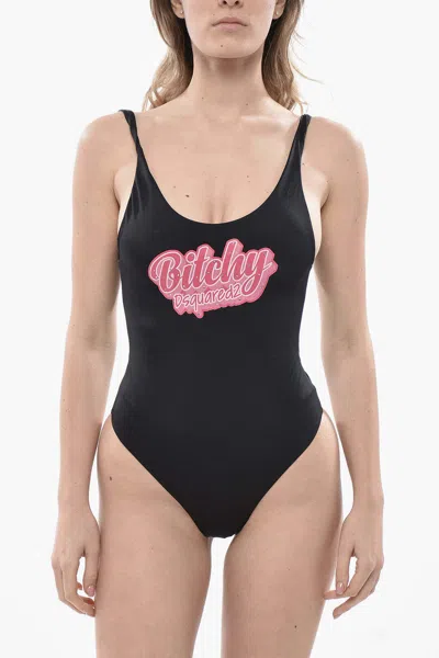 Dsquared2 Rhinestone-embellished Print One-piece Swimsuit In Black