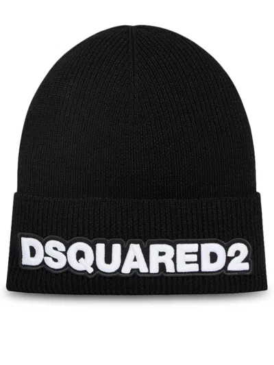 Dsquared2 Ribbed Knit Beanie With Folded Cuff And Bold Logo In Black