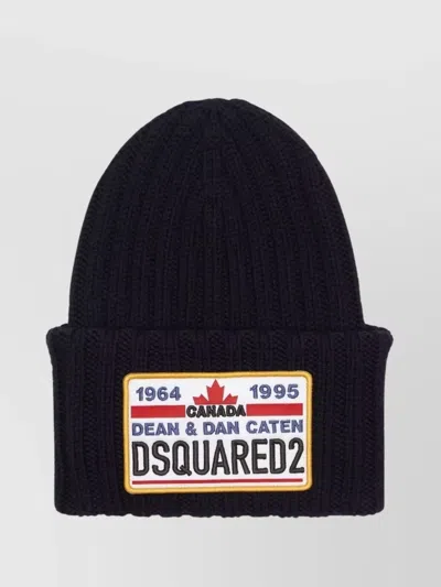 Dsquared2 Ribbed Knit Folded Cuff Hats In Black
