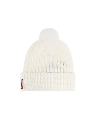 Dsquared2 Ribbed-knit Pompom Beanie In White