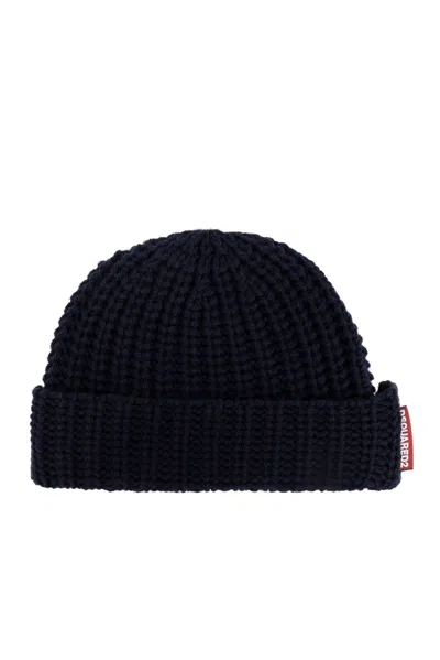 Dsquared2 Ribbed Knitted Beanie In Navy