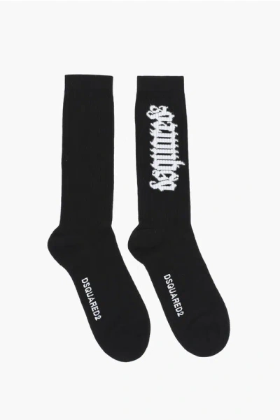 Dsquared2 Ribbed Long Socks With Logo Gothic Print