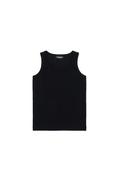 Dsquared2 Kids' Ribbed Sleeveless Branded T-shirt In Black