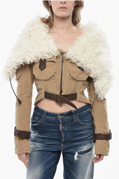 Dsquared2 Ribbed Velour Cropped Jacket With Shearling Hood In Multi