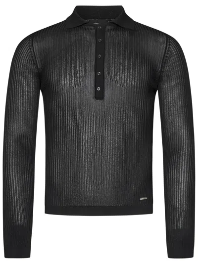 Dsquared2 Ribbed Viscose Crepe Polo Shirt With Transparent Effect In Black