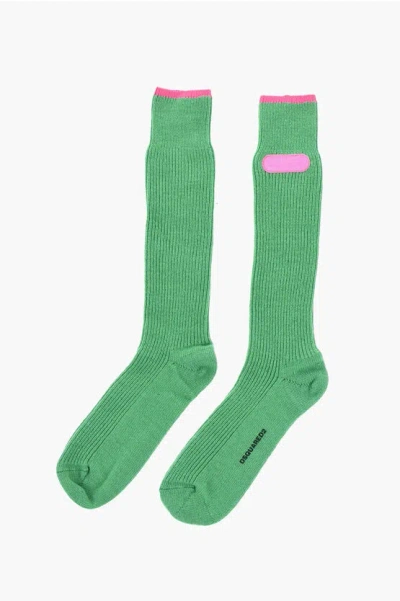 Dsquared2 Ribbed Wool Blend Long Socks With Embossed Logo