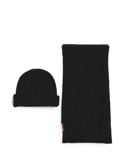 Dsquared2 Ribbed Wool Scarf And Beanie Hat In Black