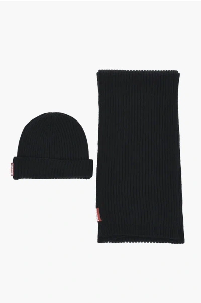 Dsquared2 Ribbed Wool Scarf And Beanie Set