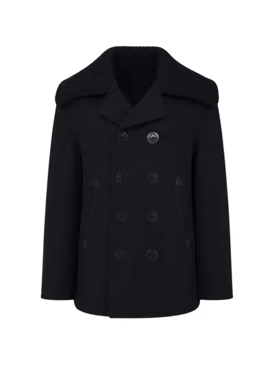 Dsquared2 Ribbed-knit Collar Double-breasted Coat In Black
