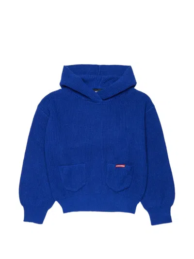Dsquared2 Kids' Ribbed-knit Logo-patch Hoodie In Blue