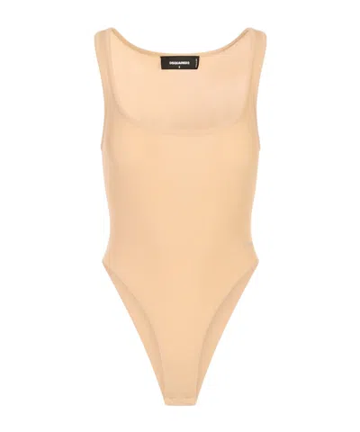 Dsquared2 Ribbed-knit Logo-plaque Bodysuit In Orange