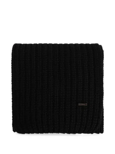Dsquared2 Ribbed-knit Logo-plaque Scarf In Black