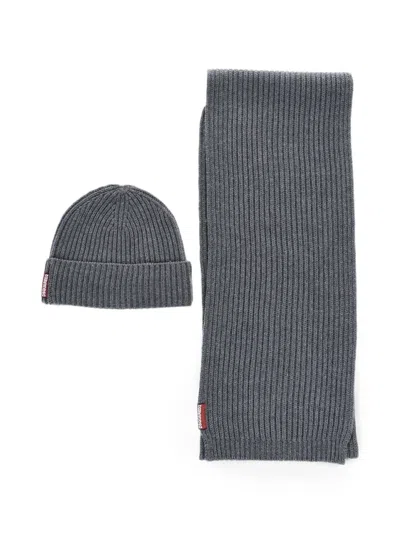 Dsquared2 Ribbed-knit Scarf And Beanie Set In Gray