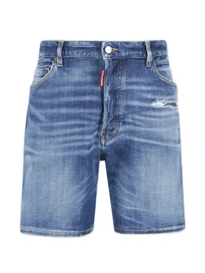 Dsquared2 Ripped Cotton Shorts In Blue