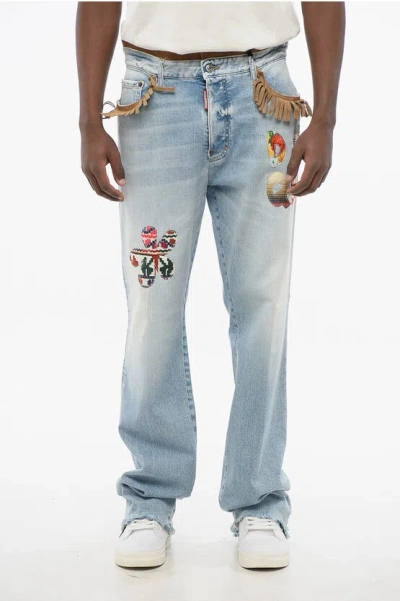 Dsquared2 Roadie Fit Denims With Suede Fringes And Patches 22cm In Blue