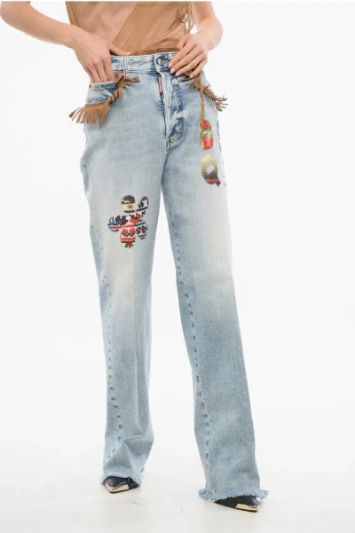 Dsquared2 Roadie Fit Hippie Denims With Suede Fringes 22cm In Blue