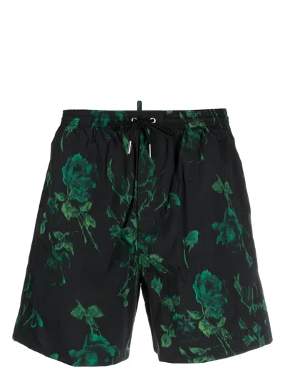 Dsquared2 Rose-print Swim Shorts In Black