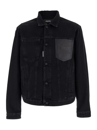 DSQUARED2 BLACK JACKET WITH CLASSIC COLLAR AND EMBOSSED LOGO ON THE FRONT IN DENIM MAN