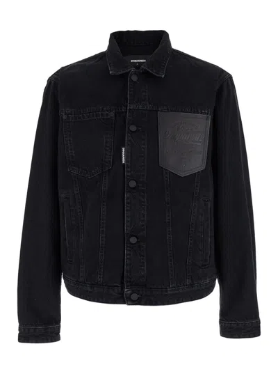 DSQUARED2 BLACK JACKET WITH CLASSIC COLLAR AND EMBOSSED LOGO ON THE FRONT IN DENIM MAN