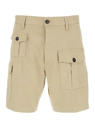 Dsquared2 Beige Bermuda With Asymmetric Cargo Pockets And Belt Loops In Cotton Man In Neutral