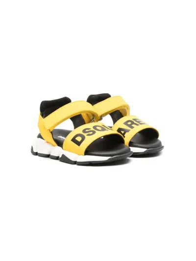 Dsquared2 Kids' Logo印花皮质凉鞋 In Yellow