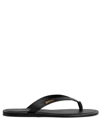Dsquared2 Man Thong Sandal Black Size 9 Leather In Nero