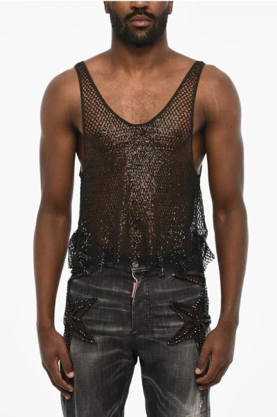 Dsquared2 All-over Monogram Sheer Underwear Tank Top In Black