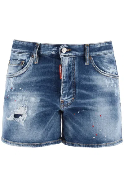 Dsquared2 Sexy 70s Shorts In Worn Out Booty Denim In Navy Blue (blue)