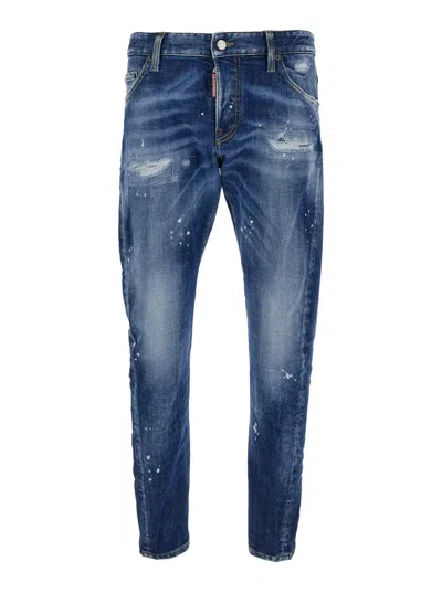 Dsquared2 'sexy Twist' Blue Jeans With Paint Stains And Rips In Cotton Denim Man