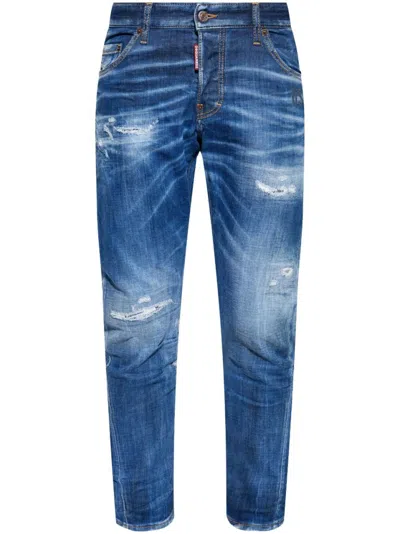 Dsquared2 Navy Blue Cotton Jeans With Worn Effect 5 Pockets