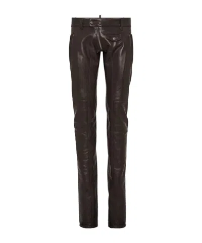 Dsquared2 Sharpei Leather Biker Trousers In Brown