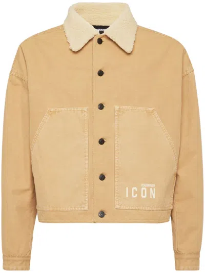 Dsquared2 Shearling Collar Denim Jacket In Beige