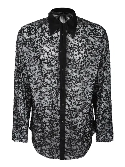 Dsquared2 Sheer Black Shirt With Floral Sequin Embellishments In Gray