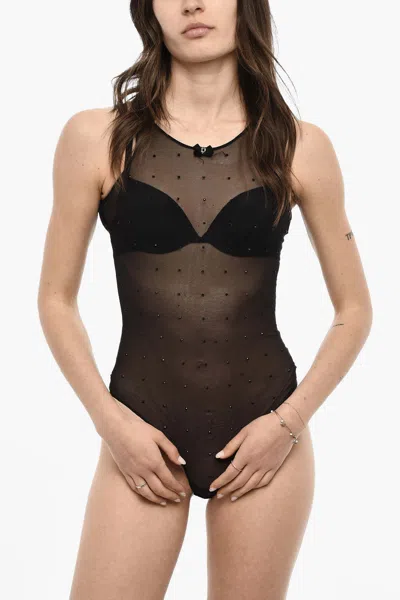 Dsquared2 Sheer Bodysuit With Rhinestones In Black